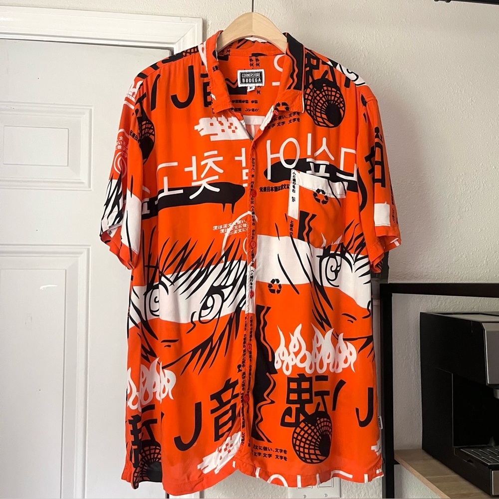 BODEGA orange‎ white black anime face text viscose boxy short sleeve button up